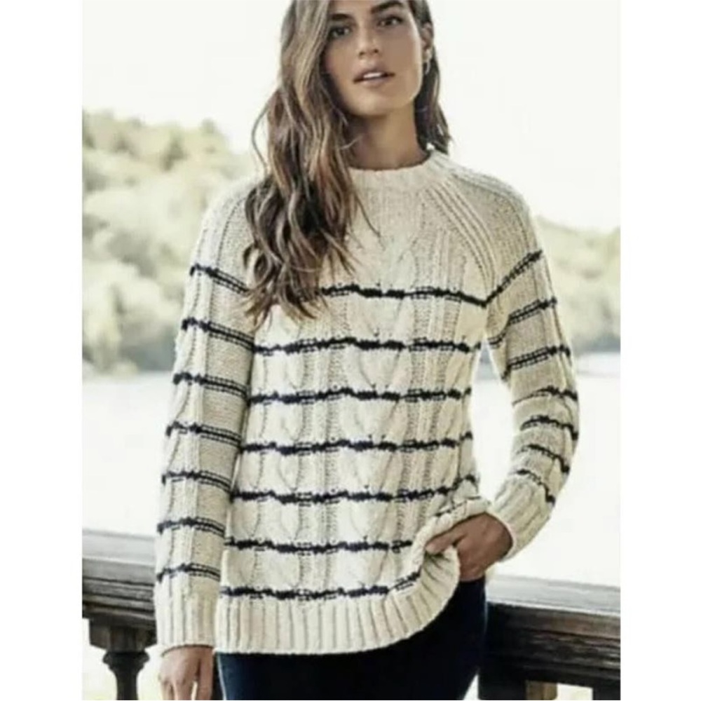 J Jill Chunky Cable Knit Cream Navy Stripe Sweater Women’s Size Large